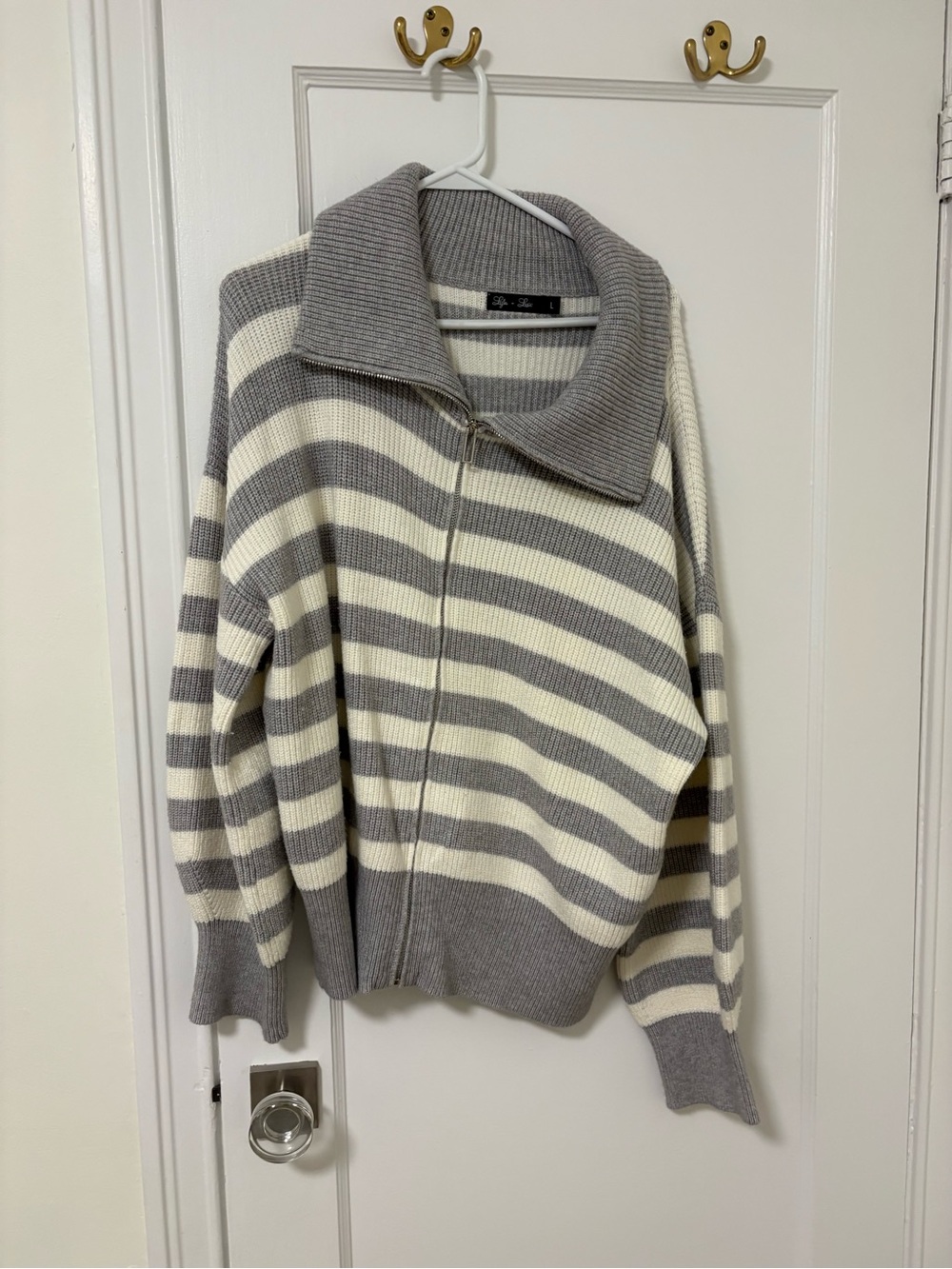 Striped Zip-Up Sweater Jacket - Gray & Cream